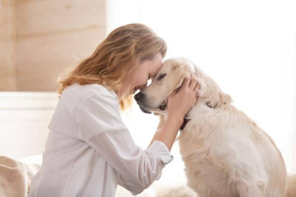 woman hugging her beloved big white dog. Animal communication concept